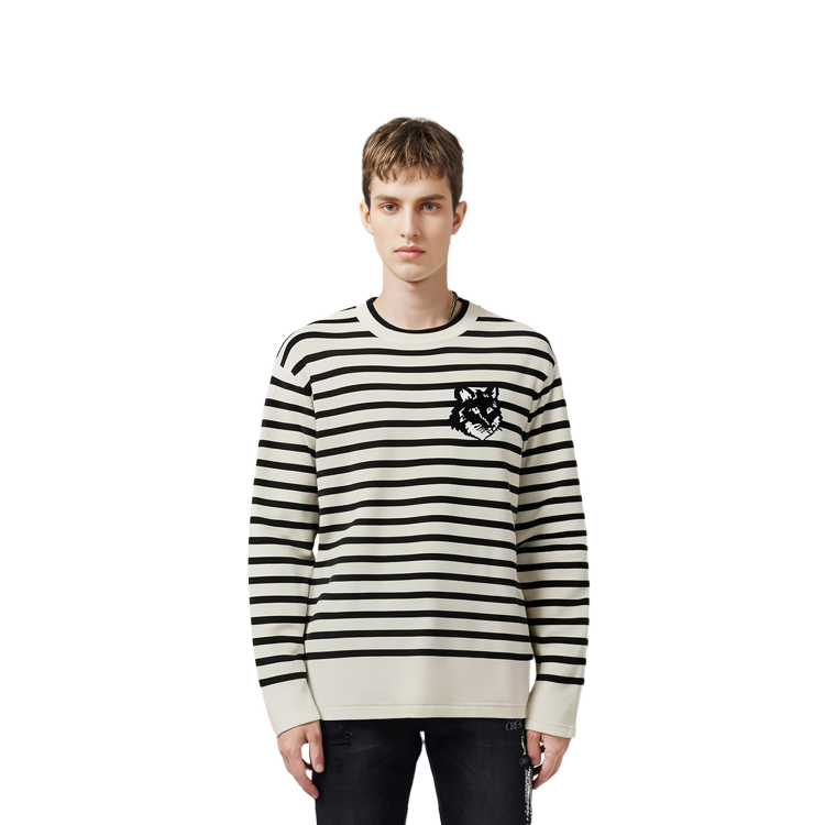 Sizing Maison Kitsune Fox Head Baju Sweater Jalur Navy Blue Lelaki SS24 MM00803KT1102-S492