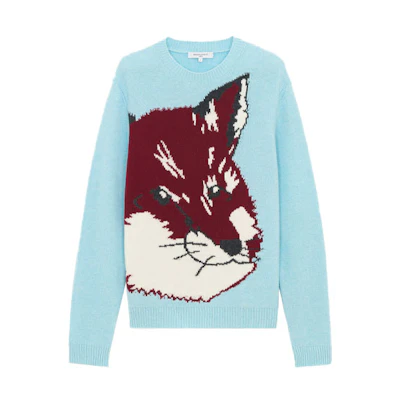 Maison Kitsune FW21 Blue Fox Intarsia Wool Sweater Unisex Crewneck HU00510KT1016-P400