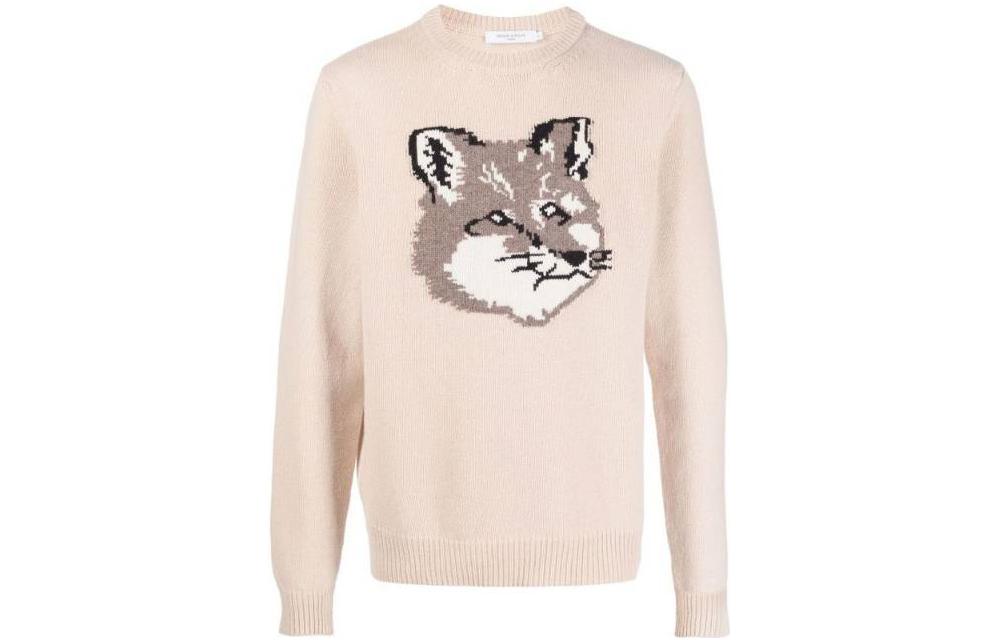 Maison Kitsune FW22 Animal Intarsia Crewneck Knit Sweater Beige Mens HM00509KT1016-P220