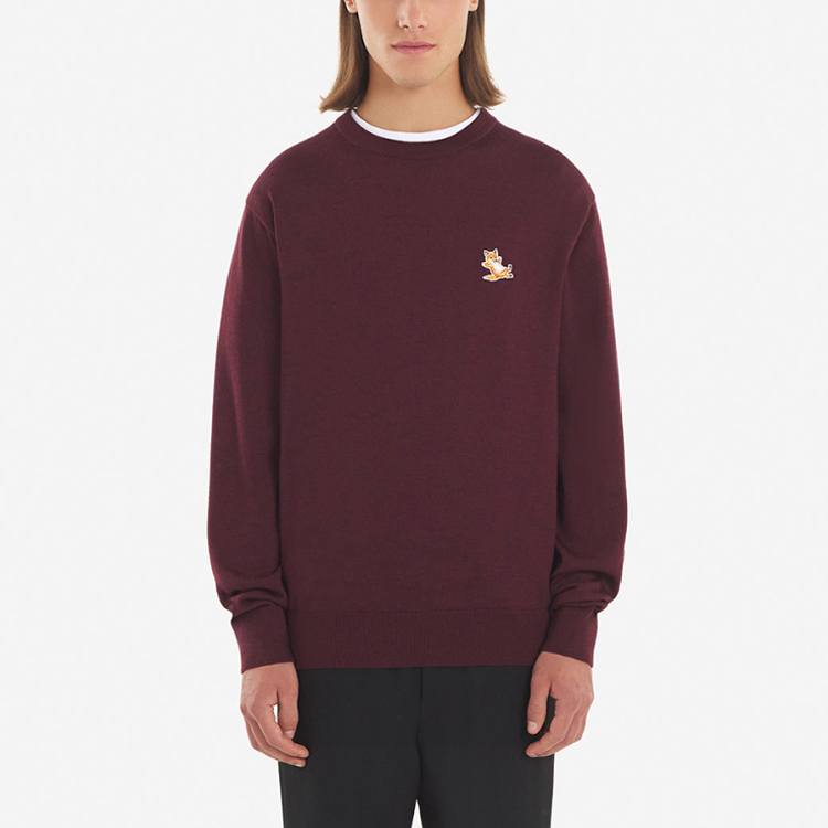 Shop Maison Kitsune FW22 Burgundy Crewneck Sweatshirt with Fox Logo Embroidery SP1111M00501-P596