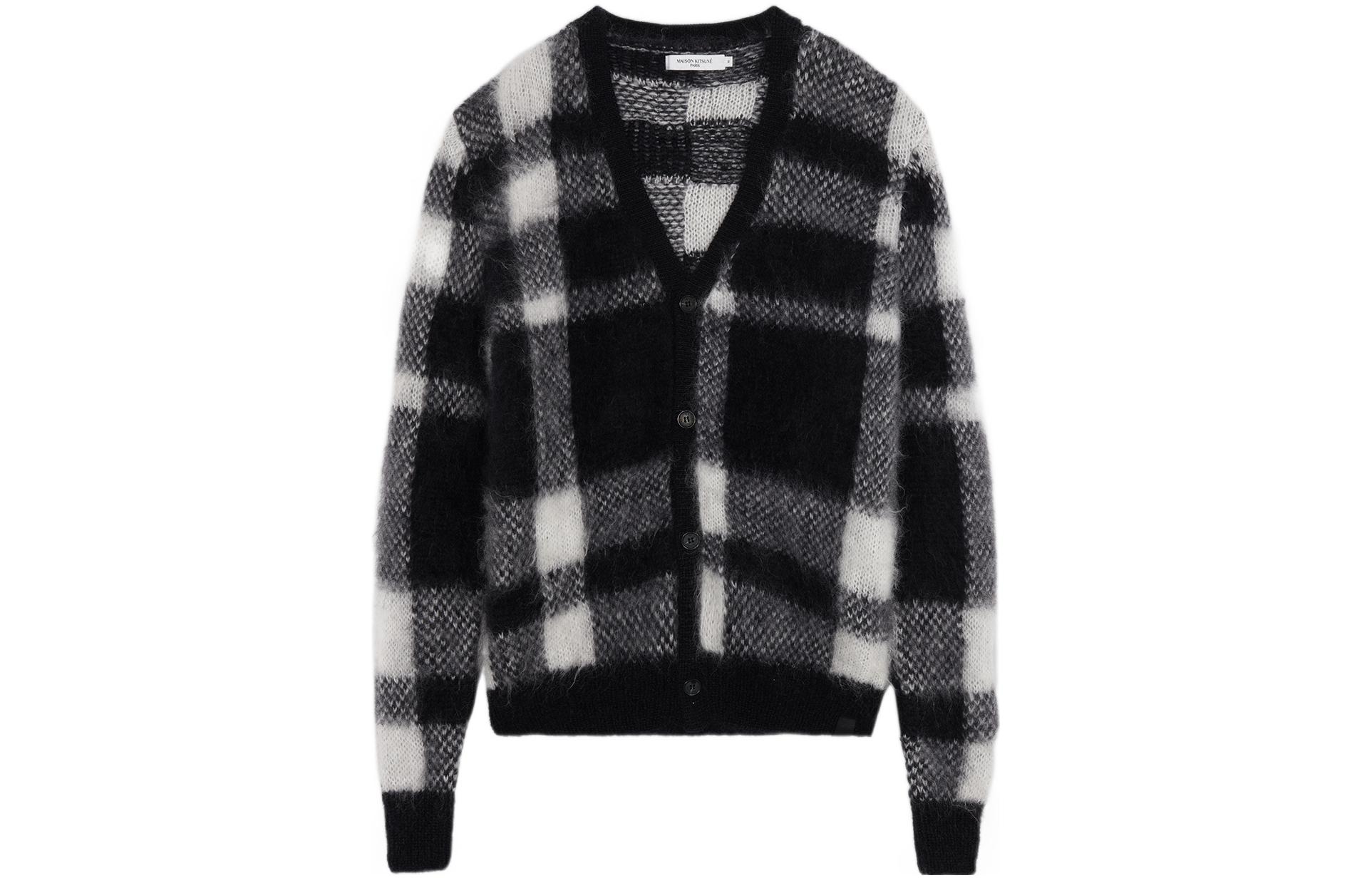 Maison Kitsune FW22 Checkered V-Neck Cardigan Sweater Unisex Black White JM00558KT1072-C197