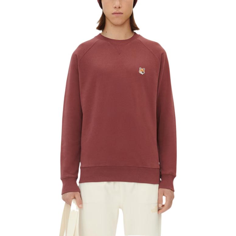 Shop Maison Kitsune FW22 狐狸頭刺繡紅色寬鬆版型男士圓領長袖上衣 JM00310KM0001-H596