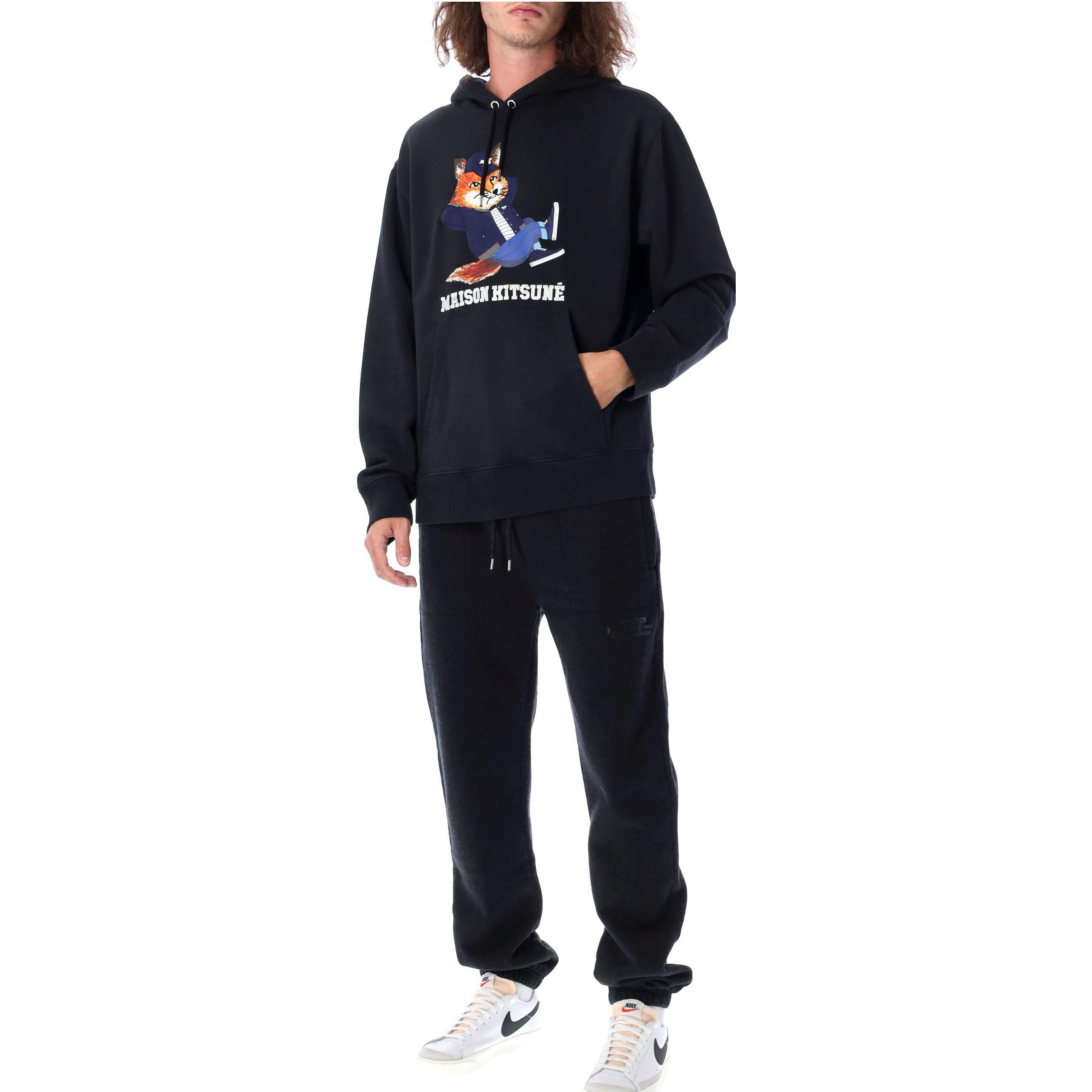 Shop メゾンキツネ FW22 スモールフォックスプリント ドローストリングフーディ ブラック JM00332KM0001-P199