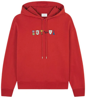 Maison Kitsune FW23 Red Badge Print Hoodie Unisex Pullover with Drawstring LM00712KM0001-P669 Buy Maison Kitsune FW23 Red Badge Print Hoodie Unisex Pullover with Drawstring LM00712KM0001-P669