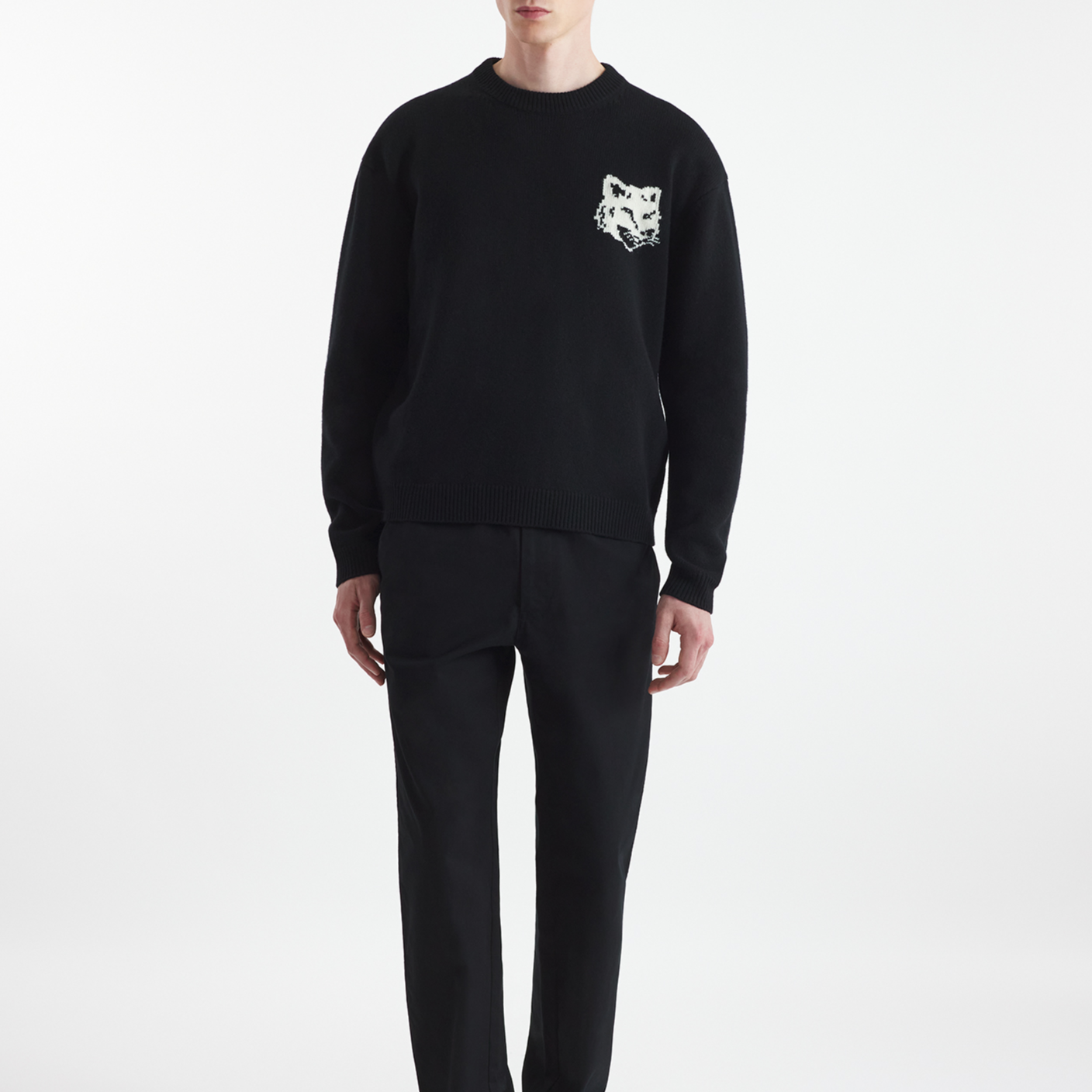 Shop Maison Kitsune FW24 狐狸头黑色圆领毛衣 长袖针织衫 NM00808KM0329-P199