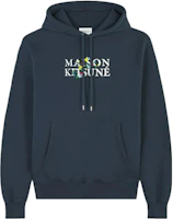 Maison Kitsune Navy Blue Drawstring Hoodie with Letter Print Design LM00708KM0307-P476 Maison Kitsune Navy Blue Drawstring Hoodie with Letter Print Design LM00708KM0307-P476