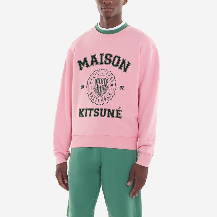 Shop Maison Kitsune Baju Pink Crewneck dengan Logo Huruf untuk Lelaki. KM00329KM0027-P622