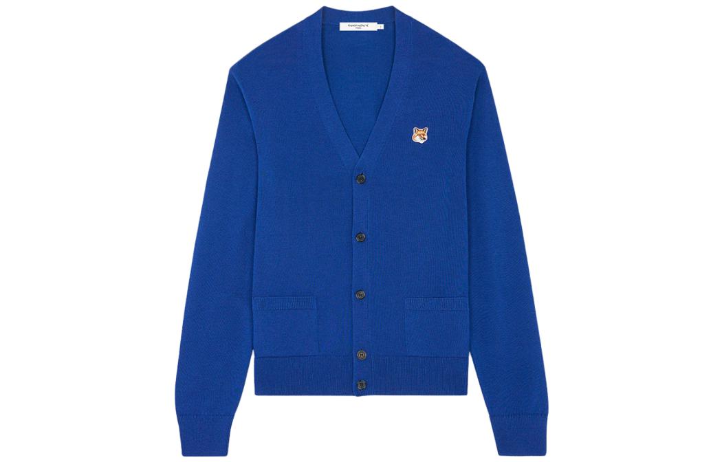 Maison Kitsune Solid Fox Patch V-Neck Button-Up Cardigan Unisex Royal Blue Sweater GU00542KT1036-P485