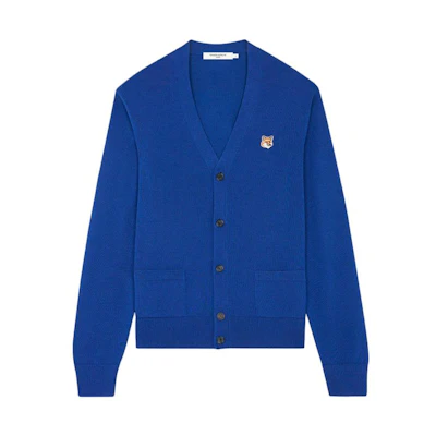 Maison Kitsune Solid Fox Patch V-Neck Button-Up Cardigan Unisex Royal Blue Sweater GU00542KT1036-P485