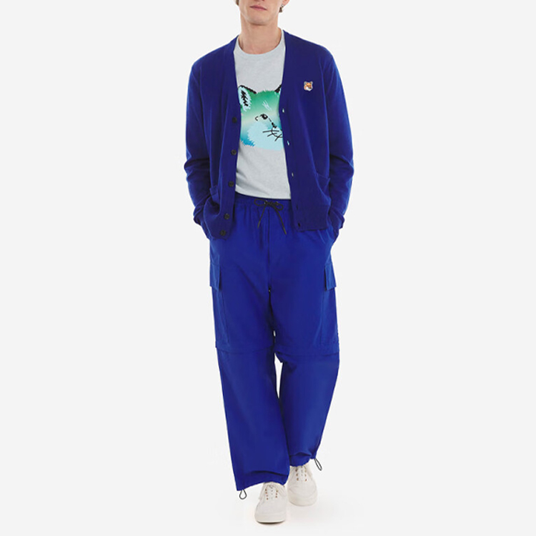 Lookbook Maison Kitsune Cardigan Unisex Biru Diraja Patch Rubah Leher V Butang-Up GU00542KT1036-P485