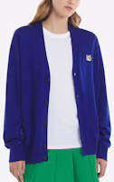 Shop Maison Kitsune Solid Fox Patch V-Neck Button-Up Cardigan Unisex Royal Blue Sweater GU00542KT1036-P485