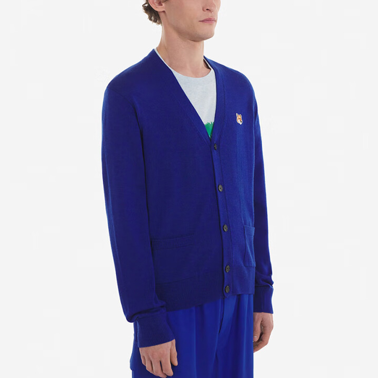 Purchase Maison Kitsune Cardigan Unisex Biru Diraja Patch Rubah Leher V Butang-Up GU00542KT1036-P485