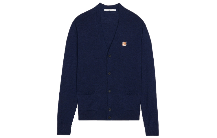 Maison Kitsune Solid Logo Embroidered Cardigan Sweater Men’s Navy Blue IU00505KT1036-H481