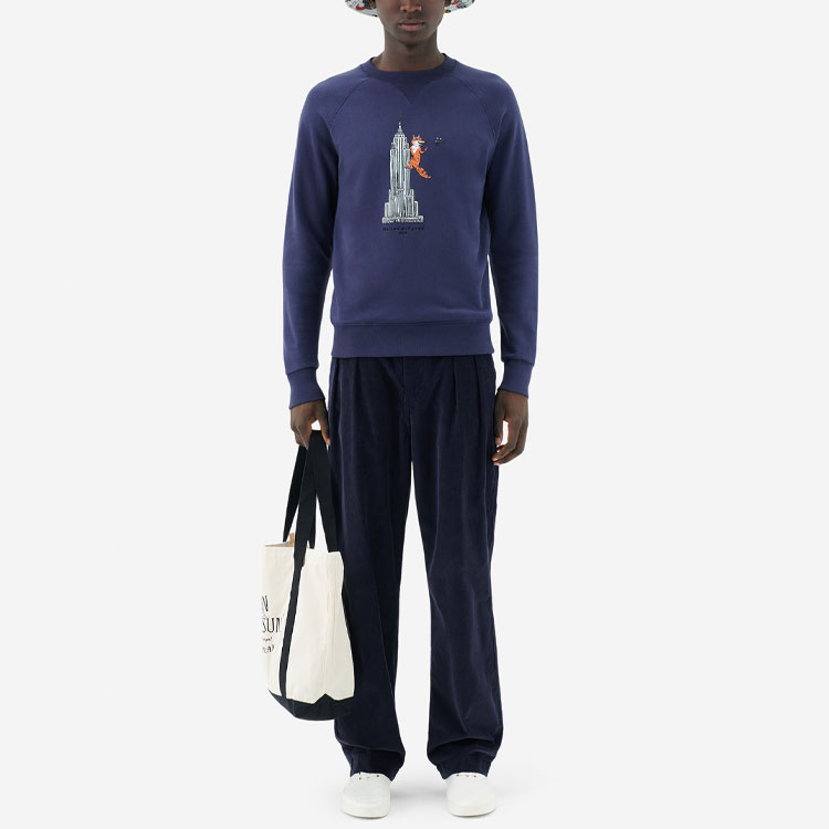Shop Maison Kitsune SS22 Afternoon Fox Capsule Printed Pullover Cartoon Sweatshirt Navy IM00346KM0001-P491