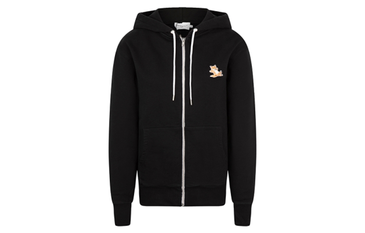 Maison Kitsune SS22 Black Fox Patch Zip-Up Casual Sweatshirt Jacket for Men AM00304KM0001-BK