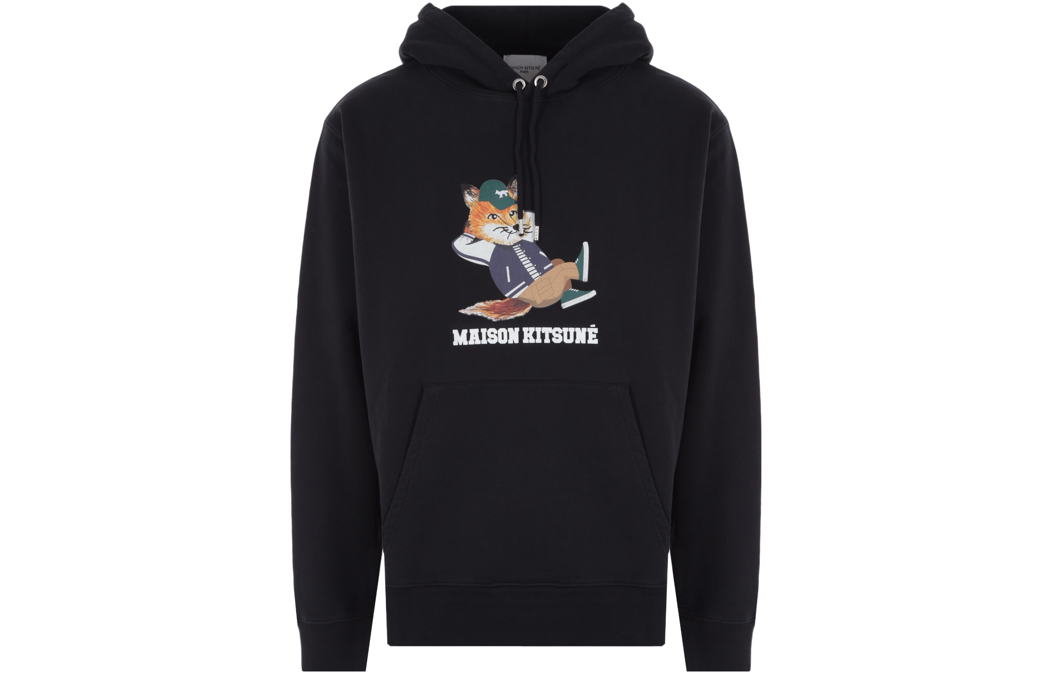 Maison Kitsune SS23  Black Hoodie with Little Fox Print and Drawstring. KM00307KM0001-P199