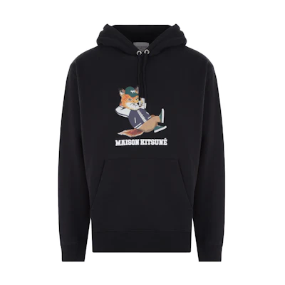 Maison Kitsune SS23 Black Hoodie with Little Fox Print and Drawstring. KM00307KM0001-P199