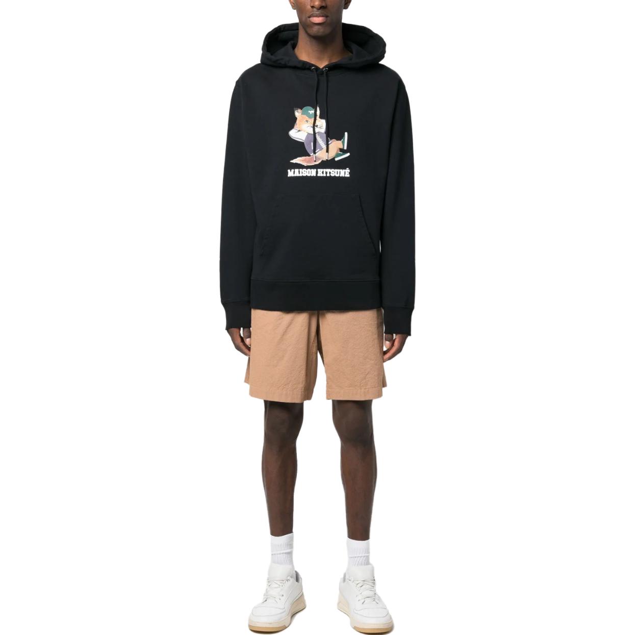 Shop Maison Kitsune SS23 Hoodie Hitam dengan Cetakan Little Fox dan Tali Serut. KM00307KM0001-P199