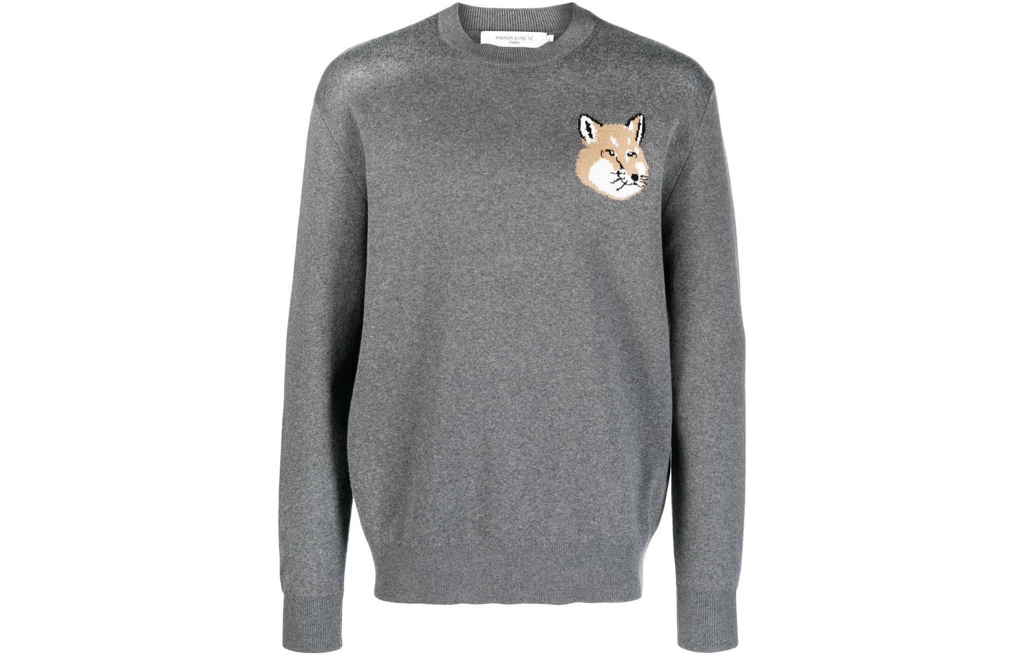 Maison Kitsune SS23  Crewneck Sweater Grey with Fox Embroidery Design KM00505KT1078-H170