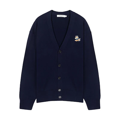 Maison Kitsune SS23 Navy Blue V-Neck Button-Up Knit Cardigan. KM00504KT1036-P480