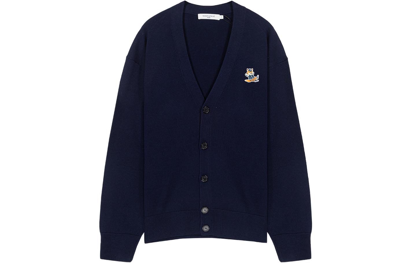 Order Maison Kitsune SS23 Kardigan Knit Biru Navy Leher-V Butang Depan. KM00504KT1036-P480