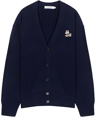 Maison Kitsune SS23 Kardigan Knit Biru Navy Leher-V Butang Depan. KM00504KT1036-P480 Order Maison Kitsune SS23 Kardigan Knit Biru Navy Leher-V Butang Depan. KM00504KT1036-P480