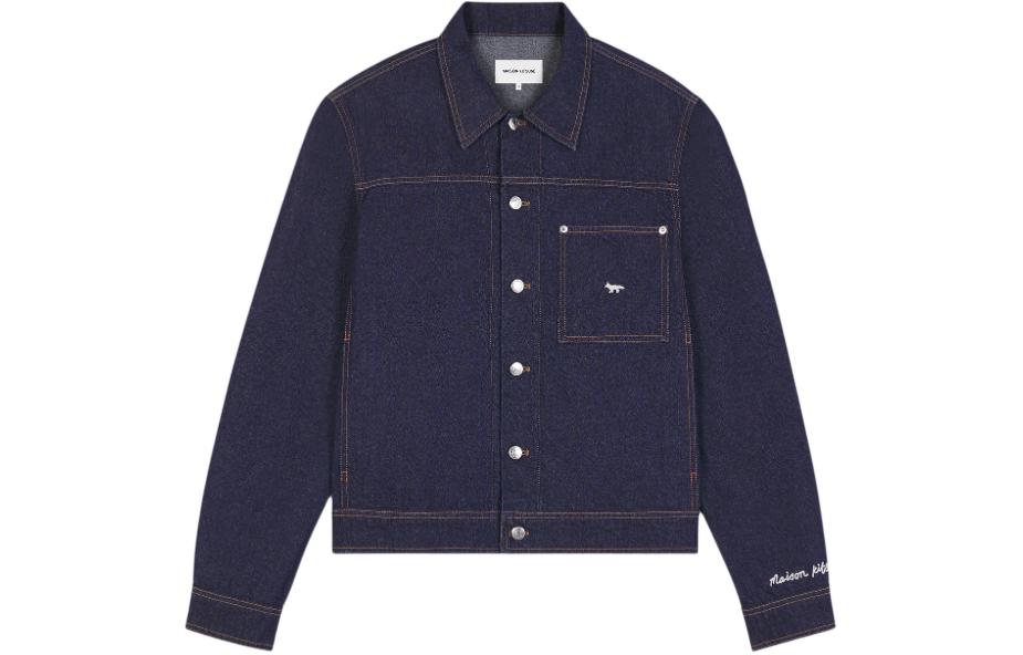 Order Maison Kitsune SS24 Jaket Denim Hitam dengan Tulisan & Kolar Single-Breasted MM02112W0081-P470