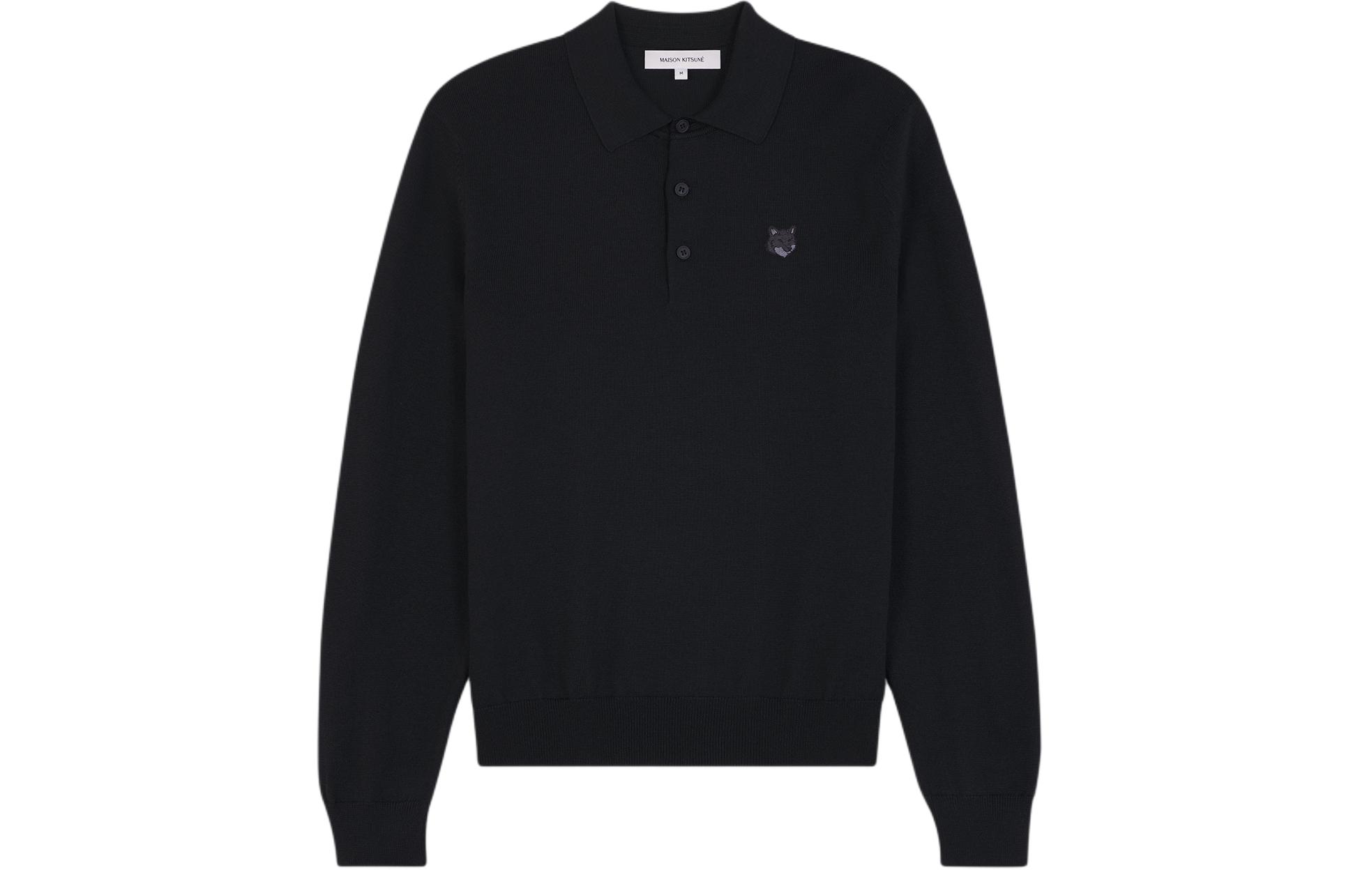 Maison Kitsune SS24  Black Fox Patch Long Sleeve Polo Sweater. MM00211KT1036-P199