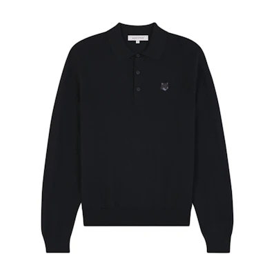 Maison Kitsune SS24 Black Fox Patch Long Sleeve Polo Sweater. MM00211KT1036-P199