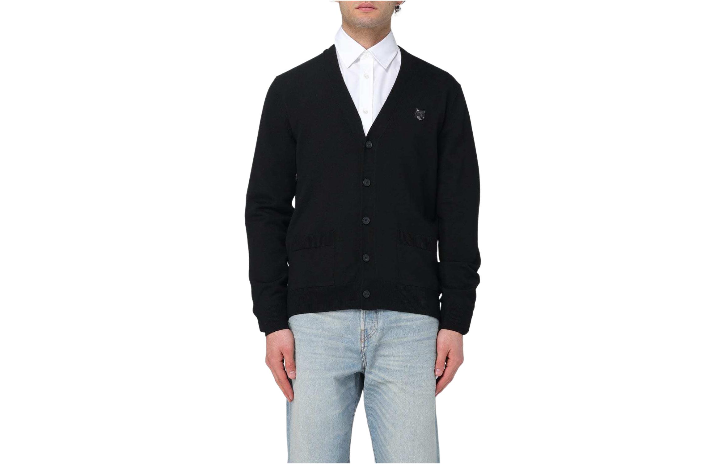 Order Maison Kitsune SS24 Kardigan Rajut Hitam Single-Breasted dengan Logo. MM00509KT1036-P199