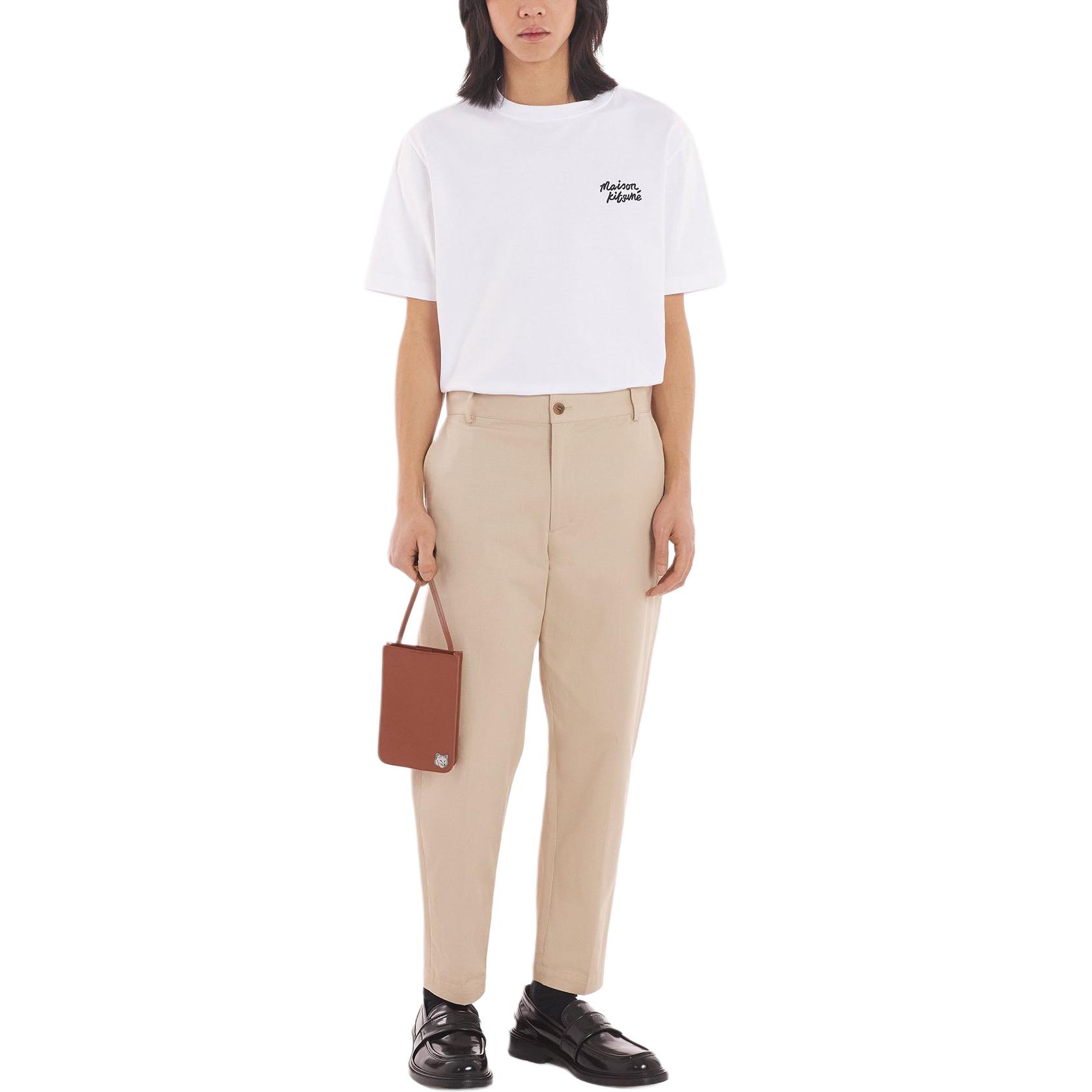 Shop Maison Kitsune SS24 Seluar Straight Cotton Mid-Rise Kasual Beige Terang MM01120WW0078-P218