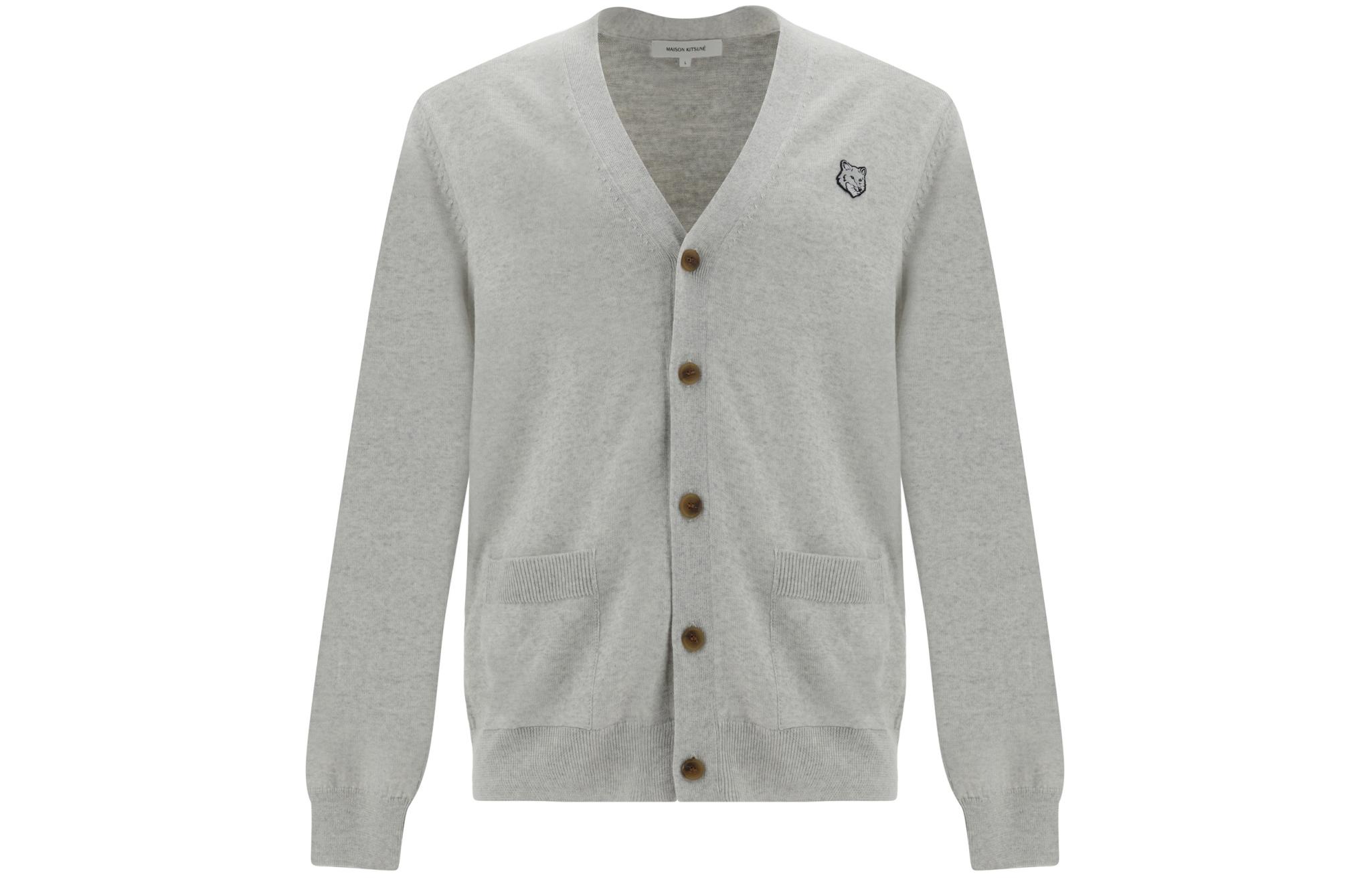 Maison Kitsune SS24  Light Grey V-Neck Loose Knit Cardigan with Logo Pattern. MM00509KT1036-H120