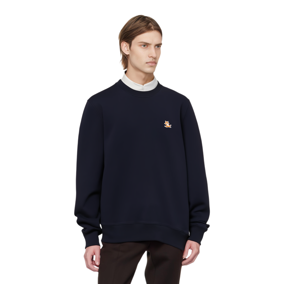 Shop メゾンキツネ SS24 ネイビーブルークルーネック長袖プルオーバースウェット LM00303KM0001-P476