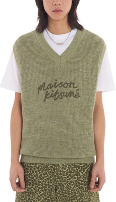 Maison Kitsune SS24 Baju Tanpa Lengan Hijau dengan Leher V & Sulaman Huruf MM00808KT1108-H358 Purchase Maison Kitsune SS24 Baju Tanpa Lengan Hijau dengan Leher V & Sulaman Huruf MM00808KT1108-H358