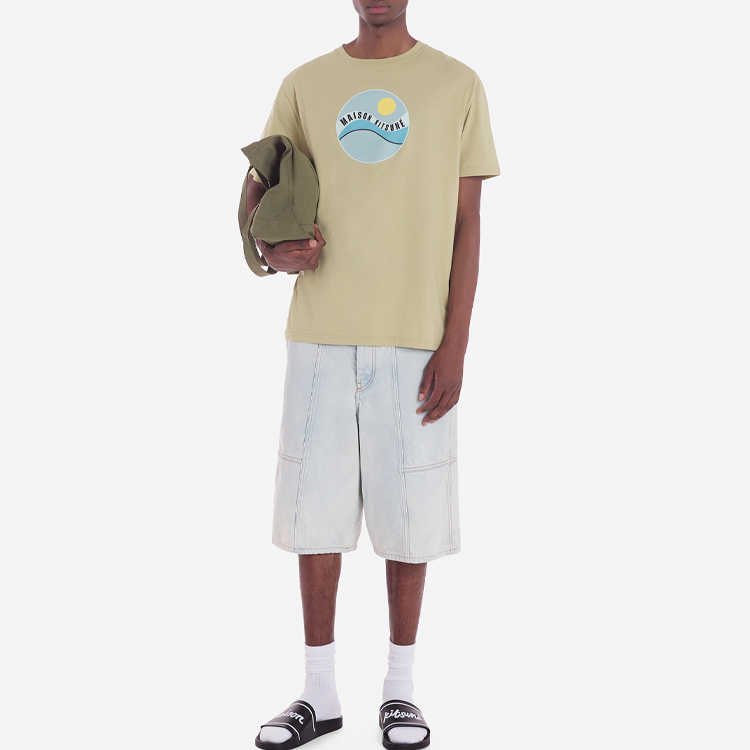 Shop Maison Kitsune Seluar Denim Lelaki SS24 Sulaman Biru Indigo Pudar MM01404WW5023-P404