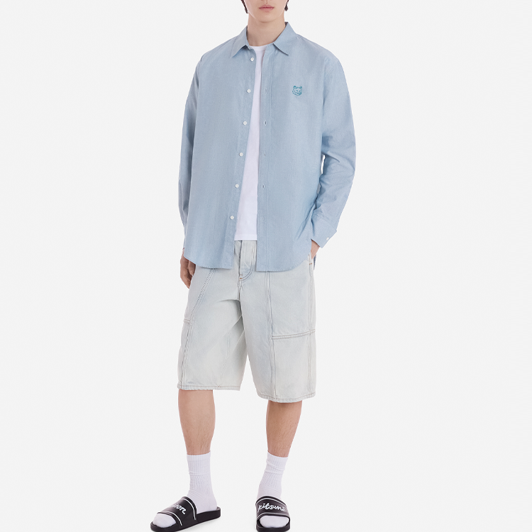 Shop メゾンキツネ SS24 フォックスパッチ オーバーサイズ 長袖シャツ メンズ シアンブルー MM00405WC2047-P392