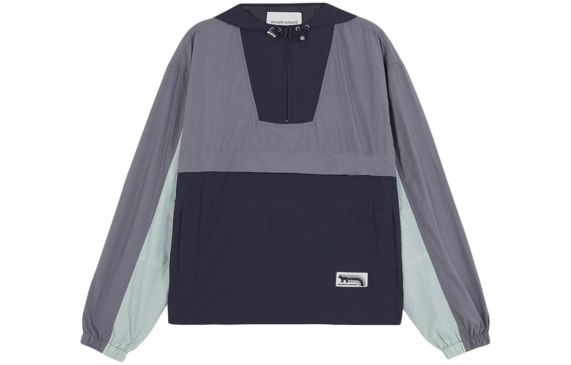 Maison Kitsune SS24 Patchwork Hooded Zip Long Sleeve Windbreaker Grey Men MM02102WQ0072-P480