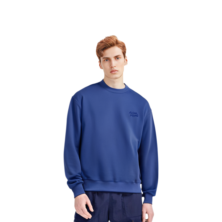Shop Maison Kitsune SS24 Storm Blue Embroidered Logo Ribbed Crewneck Sweatshirt MM00315KM0307-P433