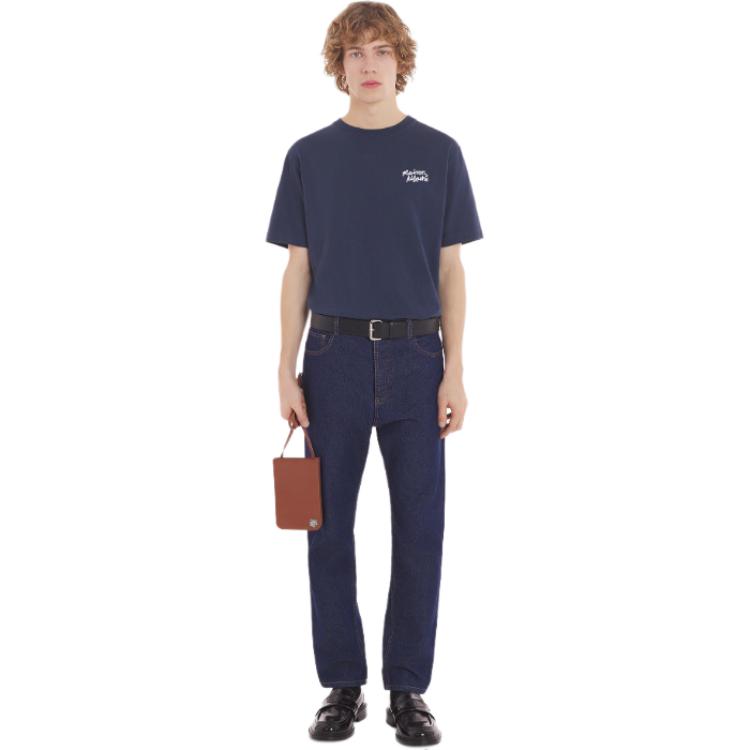 Purchase Maison Kitsune SS24 Seluar Denim Lelaki Indigo Fit Lurus Bersulam Warna Blok MM01107WW0081-P470
