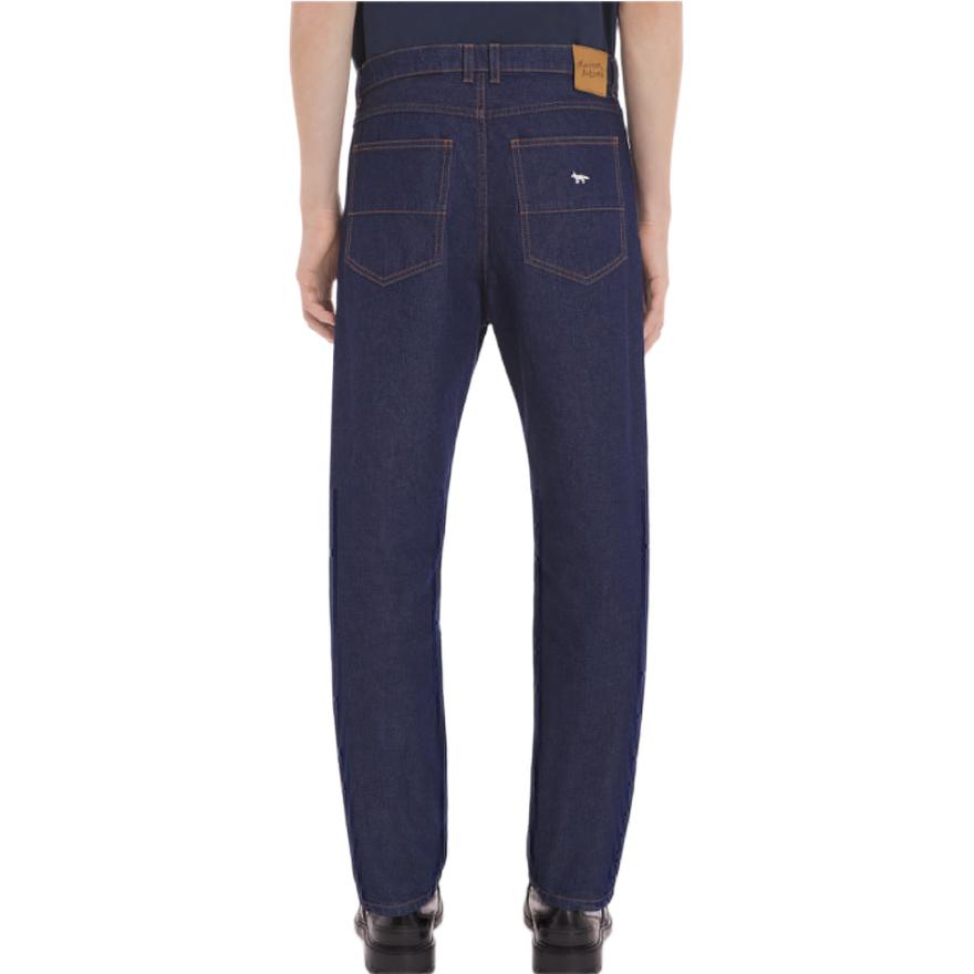 Details for Maison Kitsune SS24 Seluar Denim Lelaki Indigo Fit Lurus Bersulam Warna Blok MM01107WW0081-P470