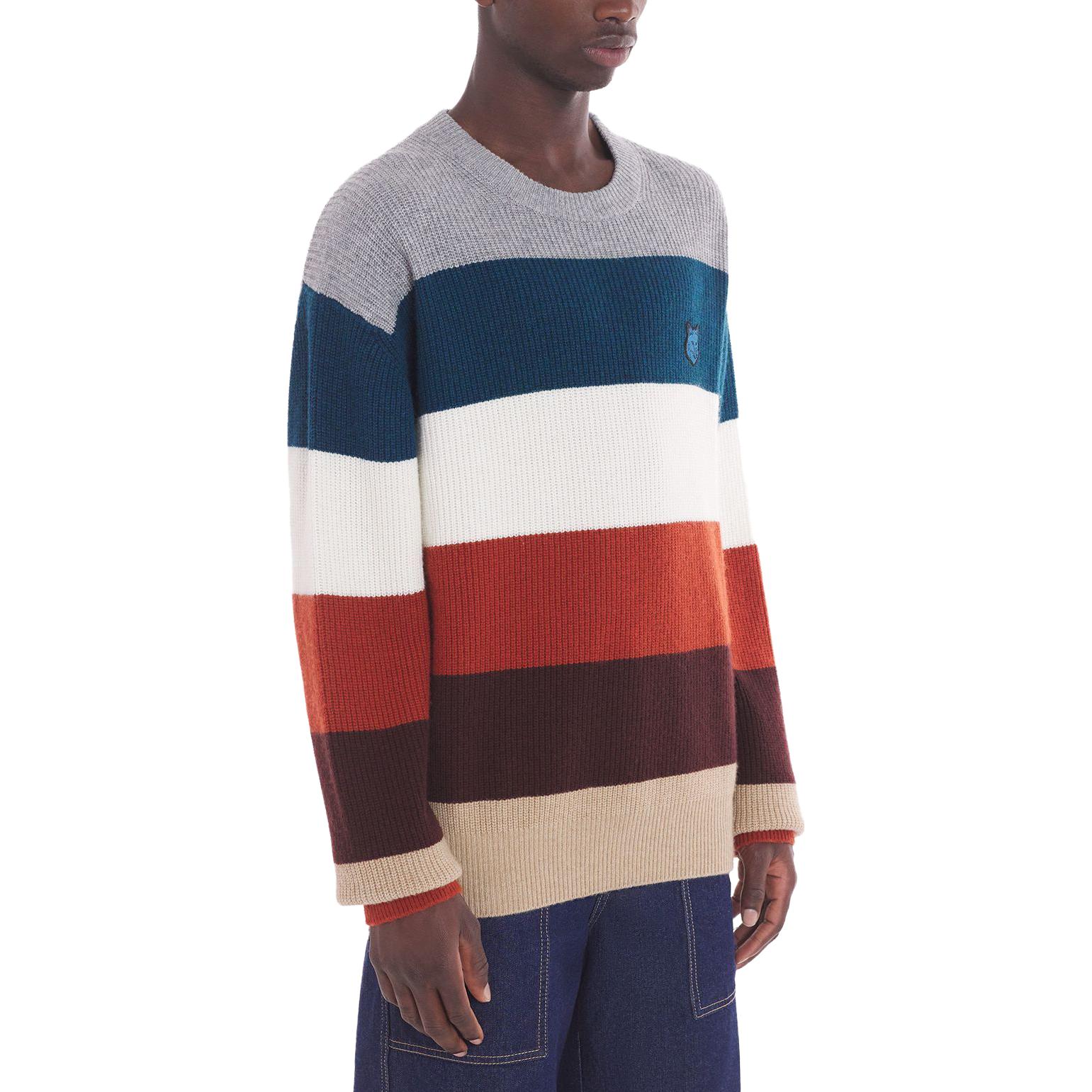 Details for Maison Kitsune Striped Fox Head Crewneck Sweater Lelaki Multicolor. LM00808KT1093-S101