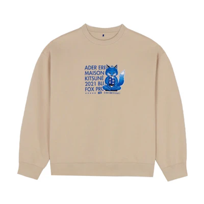 Maison Kitsune ADER ERROR Logo Sweatshirt Khaki Sitting Blue Fox Design BKKFWSW02IV-IV