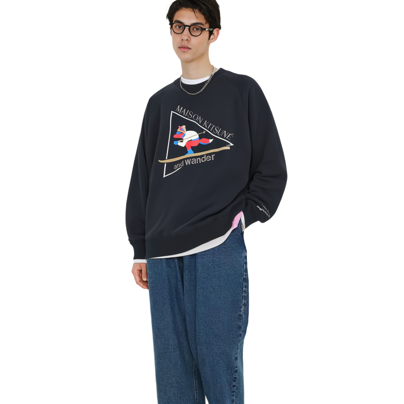 Details for Maison Kitsune x and wander FW23 Navy Biru Baju Sweatshirt Unisex Logo Cetak. 5743284910-P479