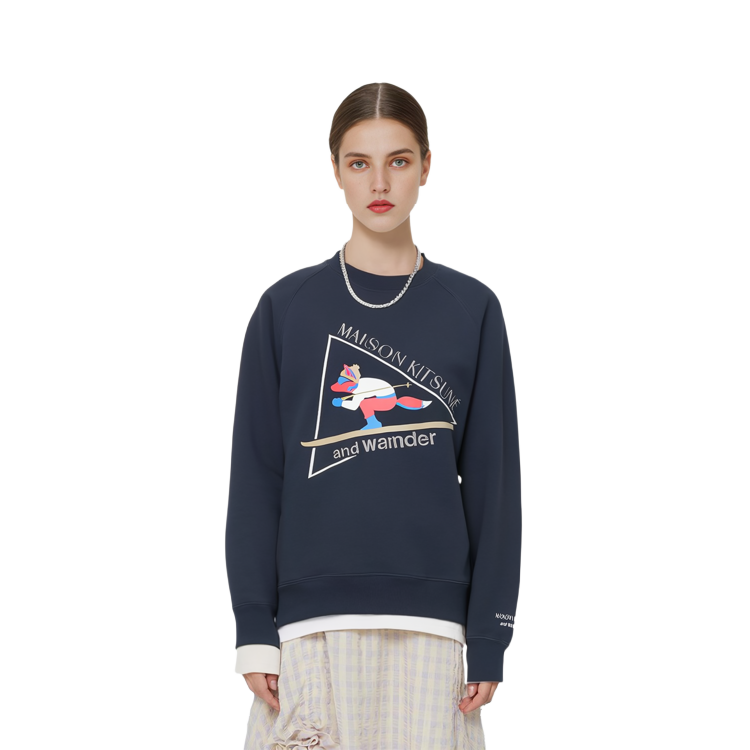 Cheap Maison Kitsune x and wander FW23 Navy Biru Baju Sweatshirt Unisex Logo Cetak. 5743284910-P479