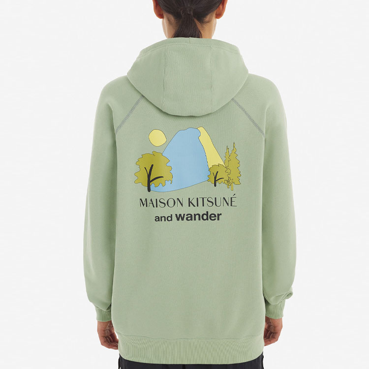 Sizing 메종 키츠네 x 앤드 원더 레트로 프린트 후디 유니섹스 그린 긴팔. 5743184905-P321