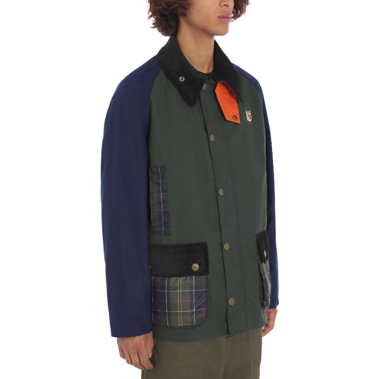 Shop Maison Kitsune x Barbour FW23 Jaket Berkolar Kotak Hijau Patch Fox Unisex MWX2238GN72-P324