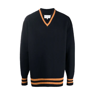 Maison Margiela FW21 V-Neck Striped Wool Pullover Sweater Navy Blue S50HA1027S17834511F