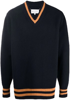 Jersey de Lana a Rayas con Cuello en V Maison Margiela FW21 Azul Marino. S50HA1027S17834511F Order Jersey de Lana a Rayas con Cuello en V Maison Margiela FW21 Azul Marino. S50HA1027S17834511F