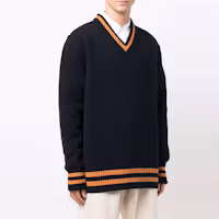 Shop Maison Margiela FW21 海軍藍V領條紋羊毛套頭毛衣 S50HA1027S17834511F