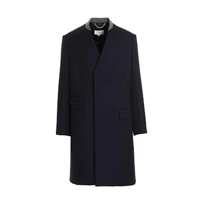 Maison Margiela FW22 Blue Single-Breasted Mid-Length Collarless Coat. SI1AA0001S48109524